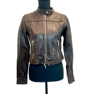 Michael Michael Kors dark chocolate brown leather biker moto jacket Sz S NWOT